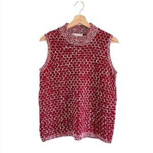 Vintage Crochet Knit Sleeveless Mock Neck Sweater Top Marled Red Medium